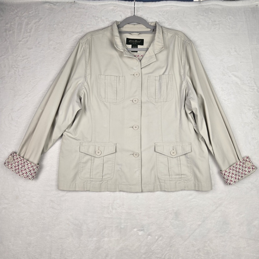 Eddie Bauer Womens Cream Utility Jacket Size XXL Floral‎ Cuffs Buttons
